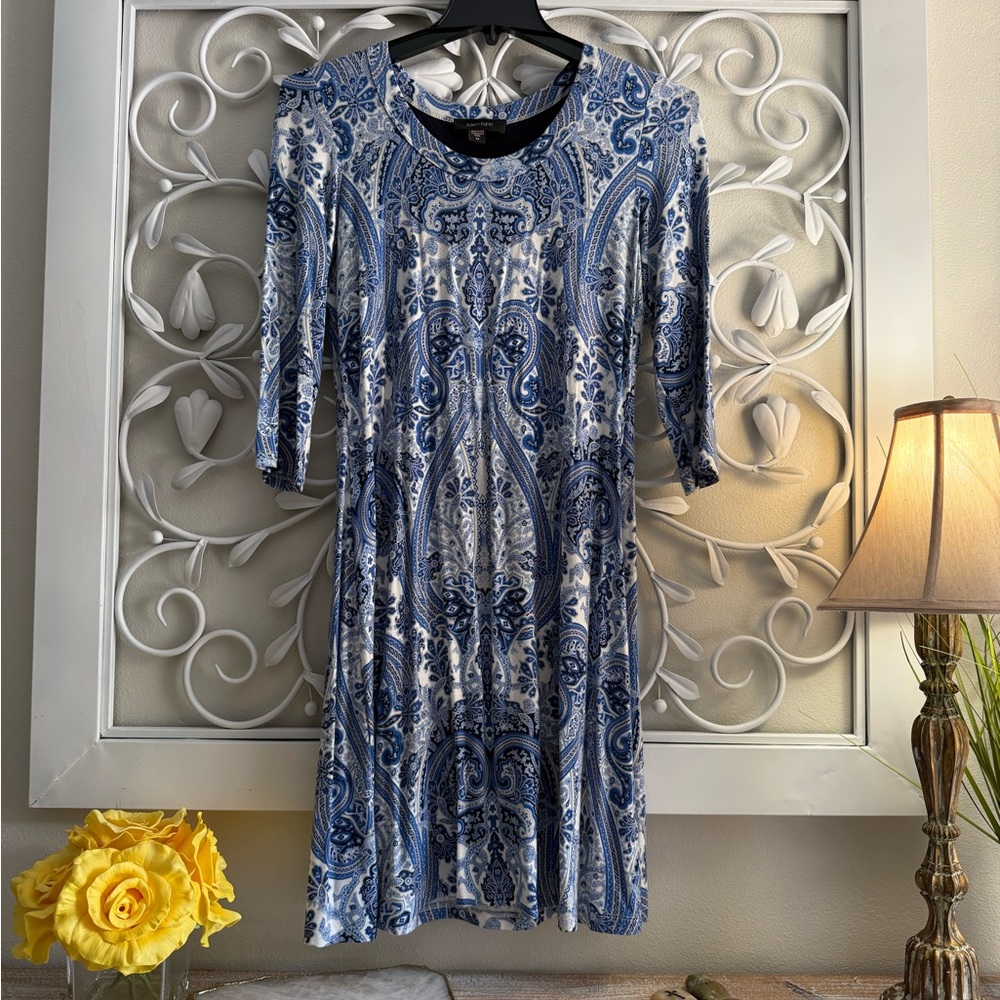 Karen Kane Three Quarter Sleeve A-Line  Blue Paisley Dress Super Soft